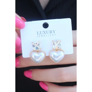 Gold Renk Kalp Model Zirkon Taşlı Pirinç Kadın Küpe