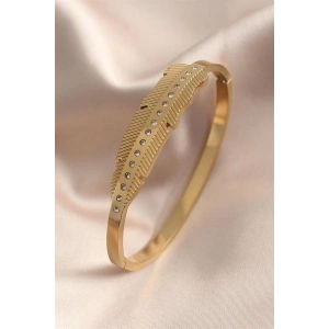 Gold Renk Yaprak Model Zirkon Taş Detay Kelepçe Kadın Bileklik