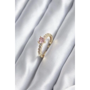 Gold Renk Zirkon Taşlı Pembe Kristal Kalp Model Kadın Yüzük