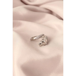 Gümüş Renk Metal Zirkon Taşlı Kaplan Model Ayarlanabilir Kadın Yüzük