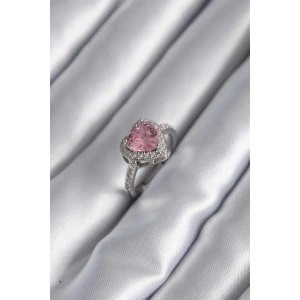 Gümüş Renk Pembe Zirkon Taşlı Charm Kalp Model Kadın Yüzük