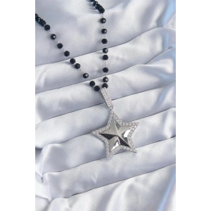 Gümüş Renk Siyah Boncuk Zirkon Taşlı Pirinç Yıldız Model VİP Seri Kadın Kolye
