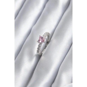 Gümüş Renk Zirkon Taşlı Pembe Kristal Kalp Model Kadın Yüzük