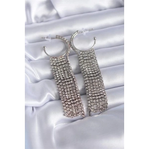 Gümüş Renk Zirkon Taşlı Püsküllü Model Pirinç Kadın Küpe