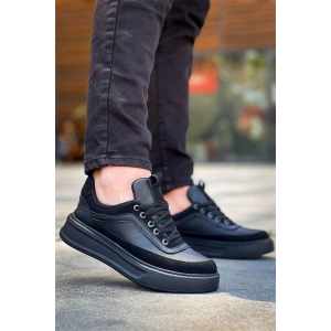 Kb-006 Kuback Siyah Cilt Siyah Yüksek Taban Bağcıklı Günlük Erkek Ayakkabı