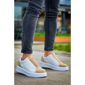 Kb-007  Kuback  Beyaz Bej Yüksek Taban Tek Bant Bağcıksız Günlük Erkek Ayakkabı