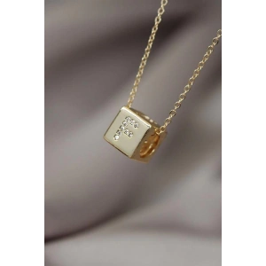 Küp Model Gold Renk Zirkon Taşlı F Harfli Kolye