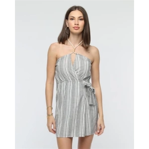 Kuşaklı çizgili mini keten elbise