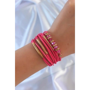 Pembe Renk Zirkon Taşlı Metal Aksesuarlı İpli Çoklu Bileklik