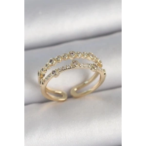 Pirinç Gold Renk 2Li Sıralı Zirkon Taşlı Ayarlanabilir Model Kadın Yüzük