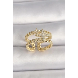 Pirinç Gold Renk 2Li Zincir Zirkon Taşlı Yıldız Figür Kadın Yüzük