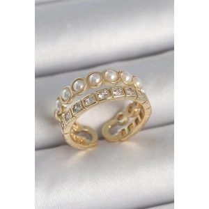 Pirinç Gold Renk 2Li Zirkon Taşlı Ve İncili Ayarlanabilir Kadın Yüzük