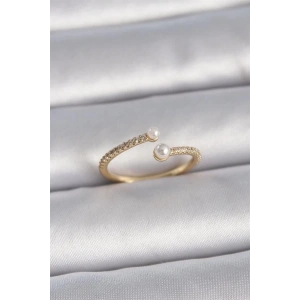 Pirinç Gold Renk Ayarlanabilir Sıralı Zirkon Taşlı İnci Detay Kadın Yüzük