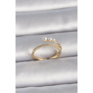 Pirinç Gold Renk Ayarlanabilir Zirkon Taşlı İncili Model Kadın Yüzük