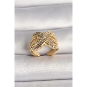 Pirinç Gold Renk Ayarlanabilir Zirkon Taşlı X Model Kadın Yüzük