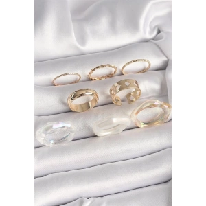Pirinç Gold Renk Beyaz Akrilik Plastik Modek Kutup Yıldız İşleme Detay Kadın Yüzük Kombini