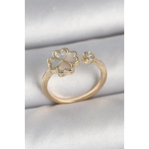 Pirinç Gold Renk Beyaz Mineli Yonca Model Zirkon Taş Detay Ayarlanabilir Kadın Yüzük