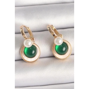 Pirinç Gold Renk Beyaz Yeşil Sallantı Mineli Kadın Küpe