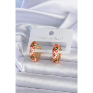 Pirinç Gold Renk Çiçek İşleme Turuncu Kadın Küpe