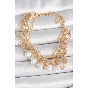 Pirinç Gold Renk Çoklu Zincir Model İncilli Zirkon Taş Detay Kadın Bileklik