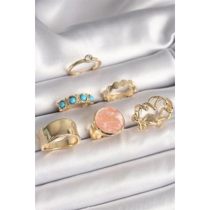 Pirinç Gold Renk Daire Pembe Mineli Zirkon Taş Detaylı 6Lı Kadın Yüzük Seti