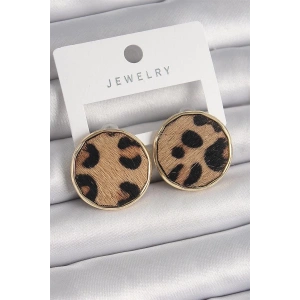 Pirinç Gold Renk Daire Plaka Model Leopar Desenli Kadın Küpe