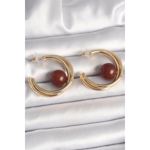 Pirinç Gold Renk Halka Model Kahverengi Boncuk Detay Kadın Küpe