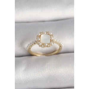 Pirinç Gold Renk İncili Kare Beyaz Mineli Ayarlanabilir Kadın Yüzük
