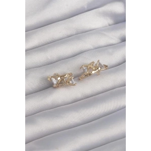 Pirinç Gold Renk İri Zirkon Taşlı Kıvrımlı Minimal Kelebekli Halka Küpe