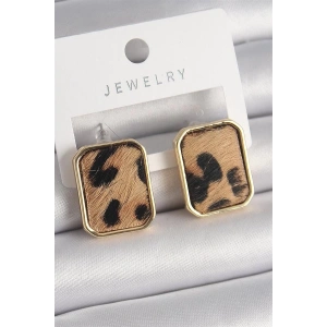 Pirinç Gold Renk Kare Leopar Desen Model Kadın Küpe