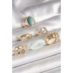 Pirinç Gold Renk Kare Zirkon Taşlı Sarmal Model Mavi Taş Detay 6Lı Kadın Yüzük Seti