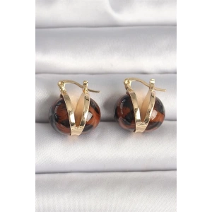 Pirinç Gold Renk Leopar Desen 3D Daire Model Kadın Küpe