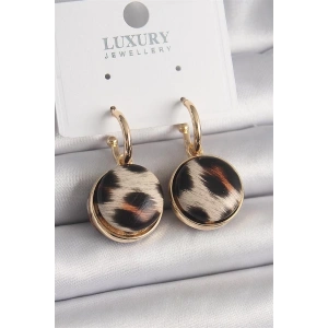 Pirinç Gold Renk Leopar Desenli Daire Model Kadın Küpe