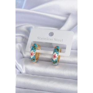 Pirinç Gold Renk Mavi Çiçek İşleme Detay Kadın Küpe