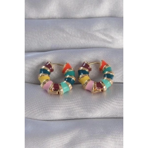 Pirinç Gold Renk Mineli Çok Renkli Kabartmalı Halka Küpe