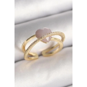 Pirinç Gold Renk Mor Kristal Kalp Model Zirkon Taşlı Kadın Yüzük