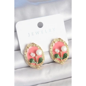 Pirinç Gold Renk Pembe Mineli İncili Çiçek İşlemli Portre Model Kadın Küpe