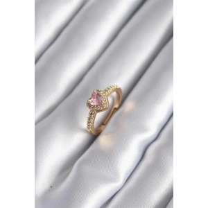 Pirinç Gold Renk Pembe Zirkon Taş Kalp Charm Model Kadın Yüzük