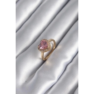 Pirinç Gold Renk Pembe Zirkon Taş Kalp Charm Model Kadın Yüzük