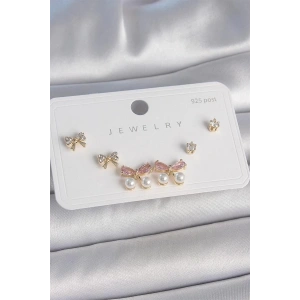 Pirinç Gold Renk Pembe Zirkon Taşlı Fiyonk Model İnci Detay 925 Ayar Gümüş Çivi Kadın Küpe Seti