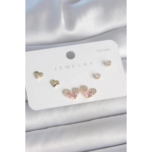 Pirinç Gold Renk Pembe Zirkon Taşlı Kalp Model 925 Ayar Gümüş Çivi Kadın Küpe Seti