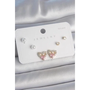Pirinç Gold Renk Pembe Zirkon Taşlı Kalp Model İnci Detay 925 Ayar Kadın Küpe Seti