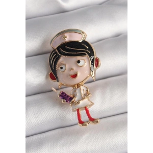 Pirinç Gold Renk Renkli Hemşire Model Kadın Broş