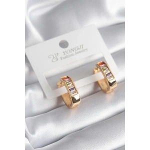 Pirinç Gold Renk Renkli Zirkon Taşlı Kadın Küpe