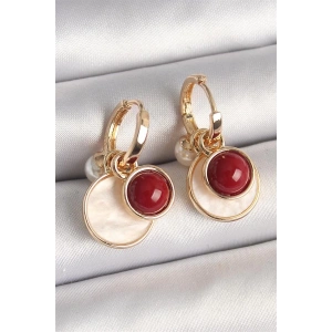 Pirinç Gold Renk Sallantı Beyaz Mineli Bordo Detay Kadın Küpe