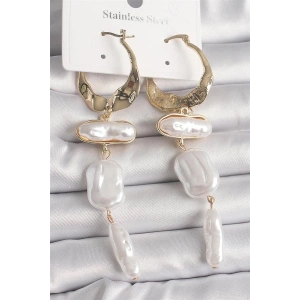 Pirinç Gold Renk Sallantı Ezme İnci Model Kadın Küpe