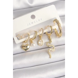 Pirinç Gold Renk Sallantı Yılan Model Zirkon Taşlı Halka Kilit Kalp Detay Kadın Küpe Seti
