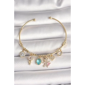 Pirinç Gold Renk Sallantı Zirkon Taşlı AYıcık Figür Kalp Detay Charm Kadın Bileklik