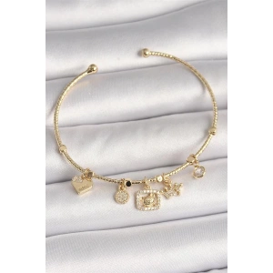 Pirinç Gold Renk Sallantı Zirkon Taşlı Ayıcık Figür Taç Detay Charm Kadın Bileklik