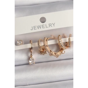 Pirinç Gold Renk Sallantı Zirkon Taşlı Halka Model Damla Zirkon Taş Detay Çoklu Kadın Küpe Seti